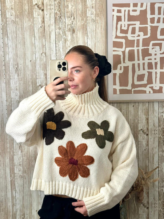 Cream High Neck Flower Jumper