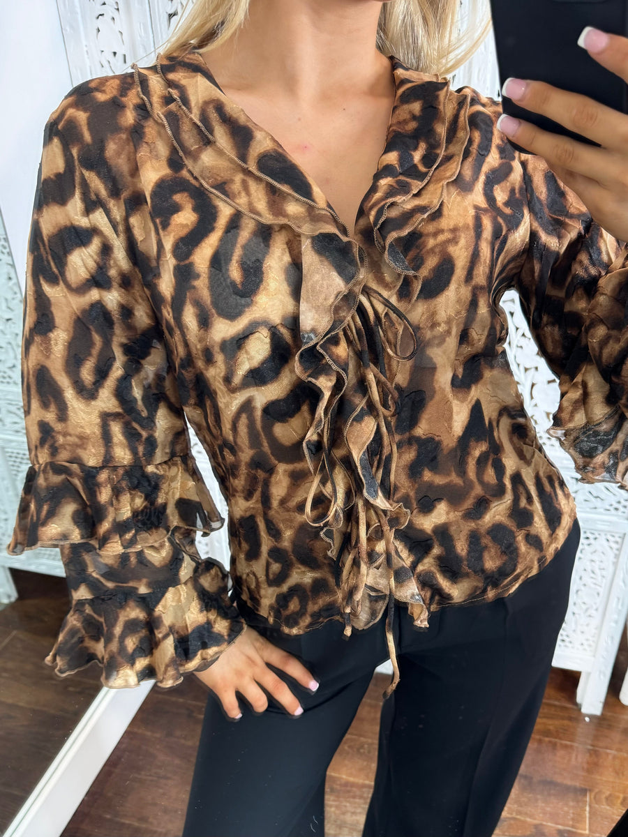 Leopard Frill Tie Blouse