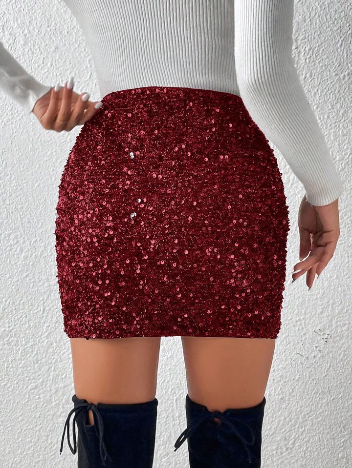 Burgundy Sequin Mini Skirt