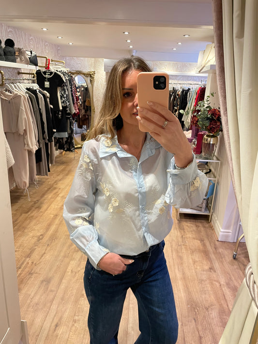 Blue Flower Embroidered Shirt