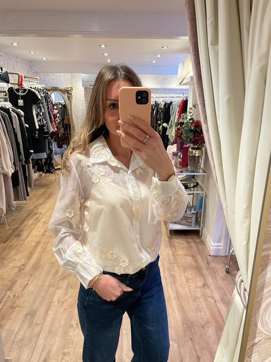 Cream Flower Embroidered Shirt