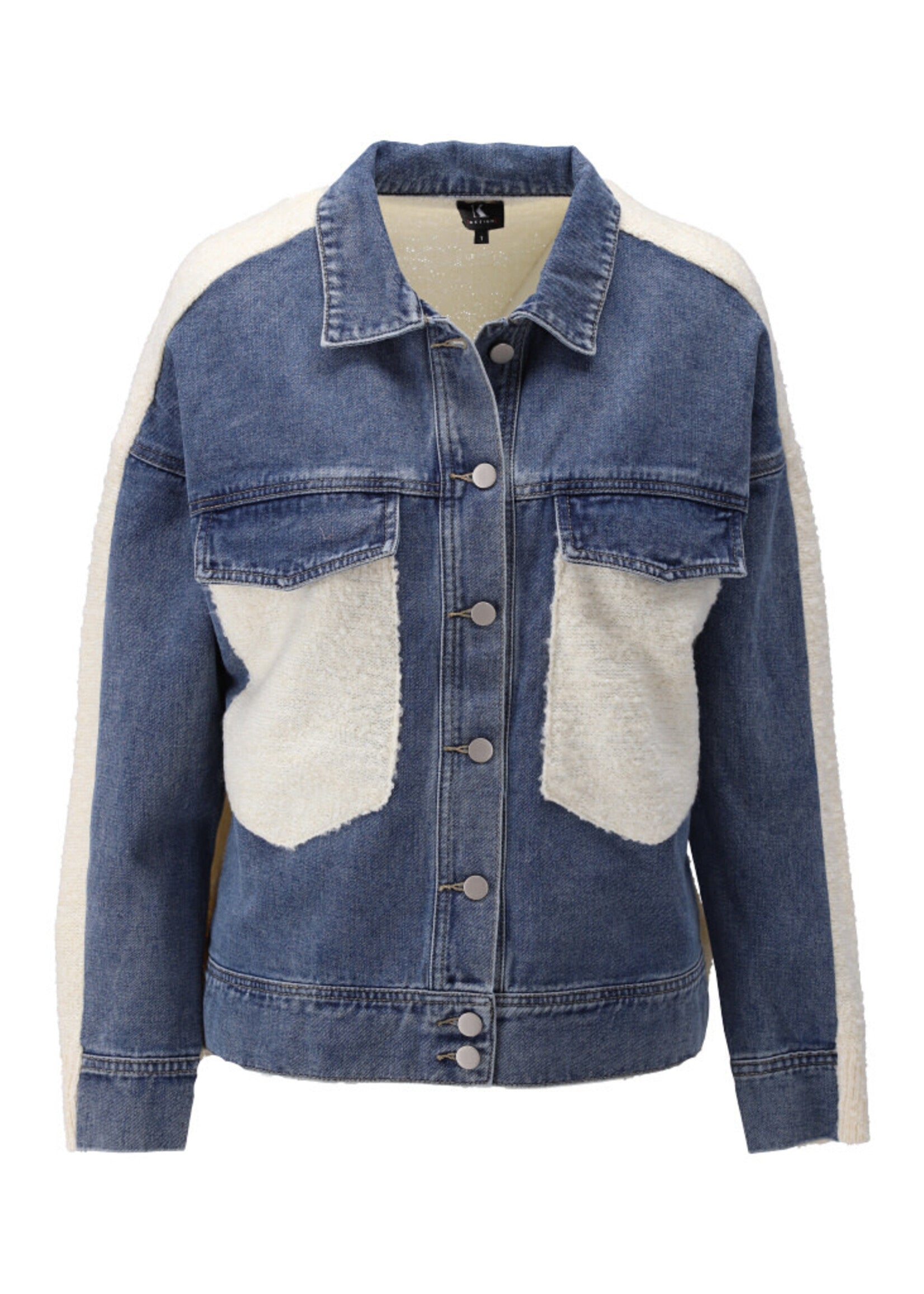 Blue denim jacket, cream knit back and pockets, by K-Design. 