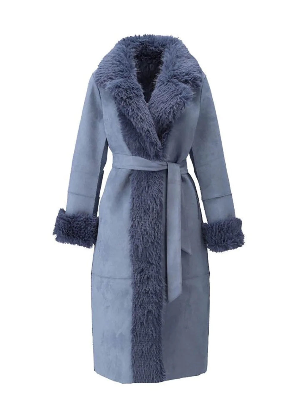 Light blue reversible luxury women's coat with faux fur and suede and a matching belt by K-design women fashion