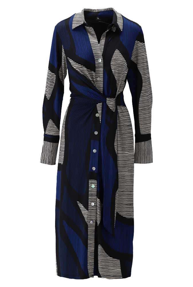 Blue and black abstract print womens maxi dress with long sleeves and wrap waist by K-design women fashion.